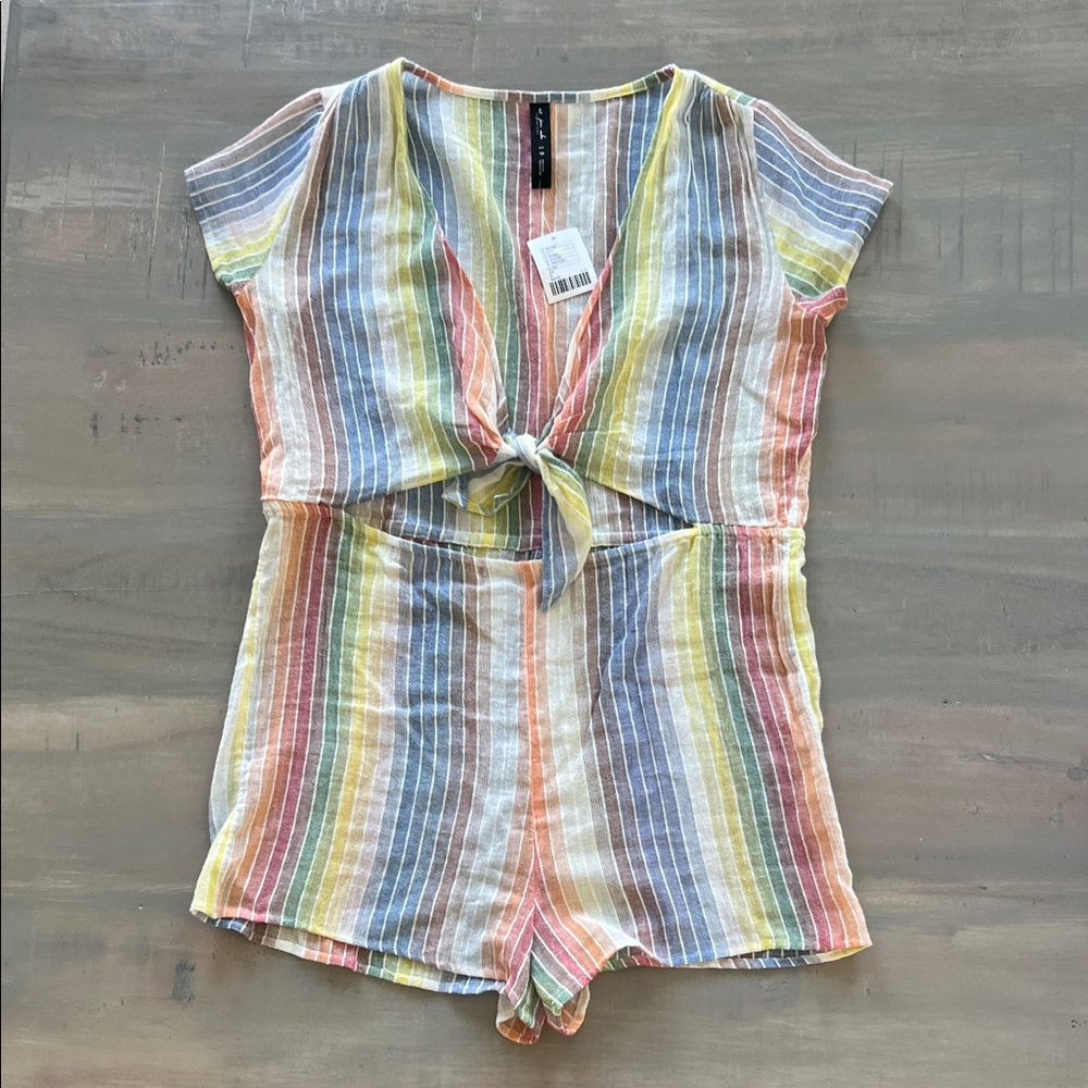 NWT Striped Tie-Front Short Romper in Pastel Multi